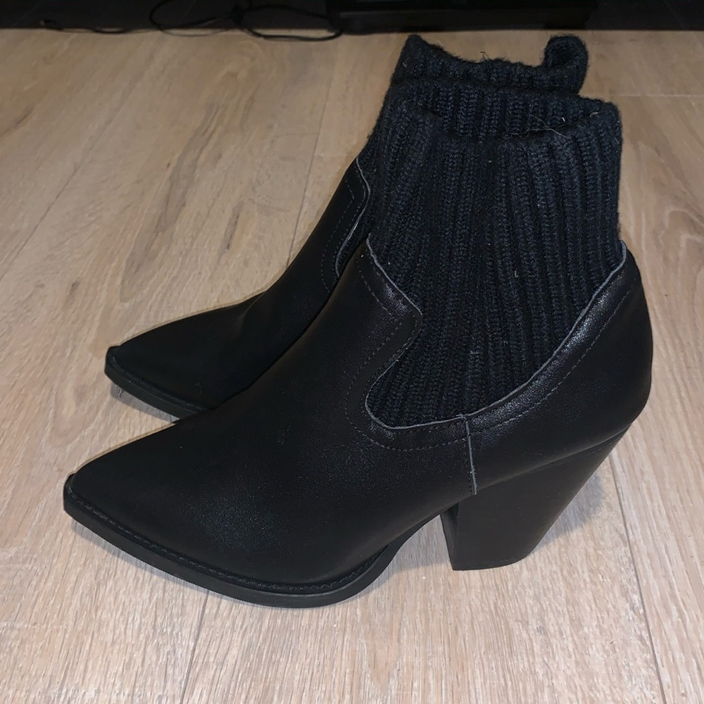 Jane & The Shoe Black Vegan Leather Point Sweater Fold Down Womens Ankle Booties